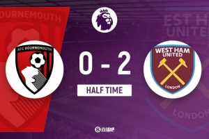 半场-伯恩茅斯暂0-2西汉姆联 威尔逊双响阿雷奥拉送助攻