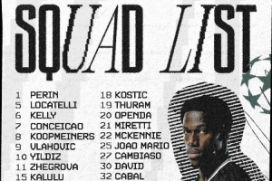 尤文欧冠大名单：弗拉霍维奇、伊尔迪兹、戴维在列